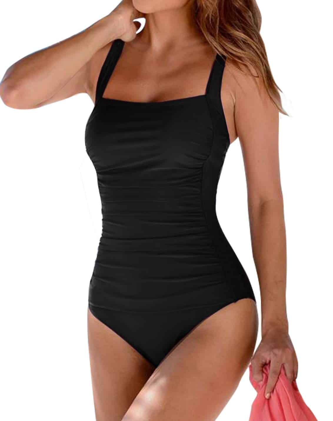 model wearing black Upopby vintage swimsuit
