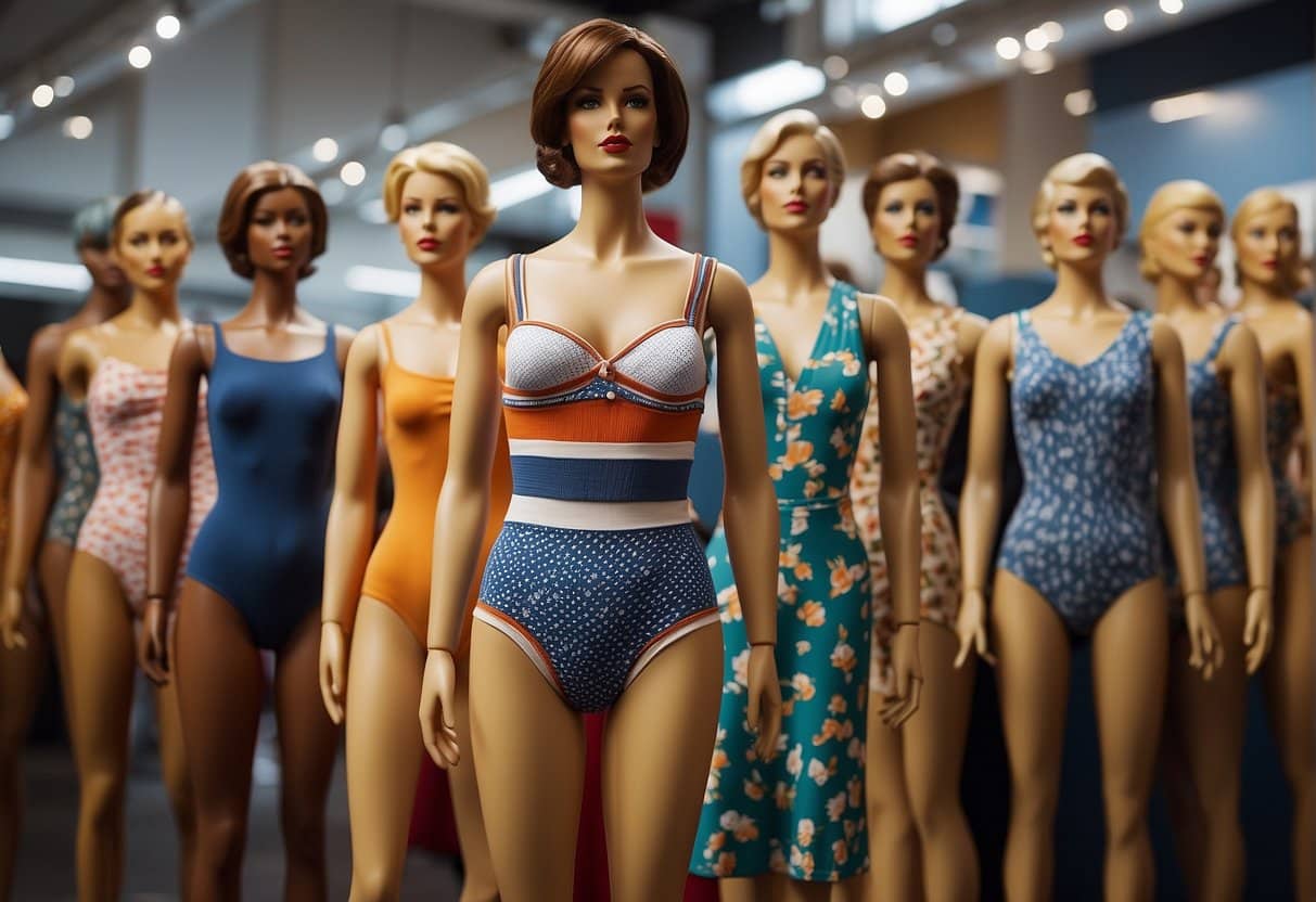 A vintage high-waisted swimsuit displayed on a mannequin, surrounded by images of diverse body types