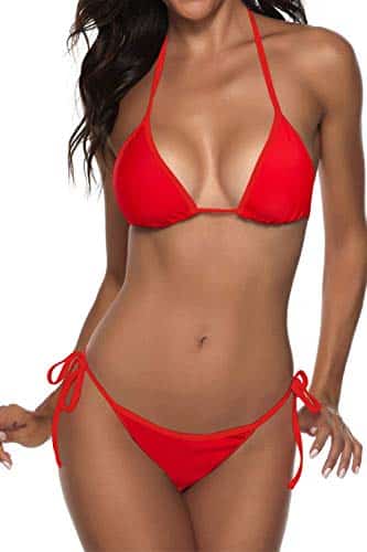 model wearing fire engine red Suvimuga Chic Two-Piece bathing suit