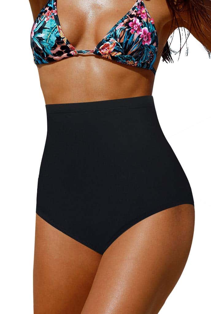 model wearing a pair of black Upopby high waisted bikini bottoms