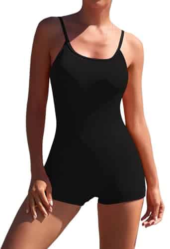 model wearing black Chic American Trends Swimwear. The sexy bathing suit features high cut side and plunging neck line
