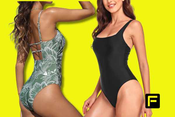 Models showcasing the latest in square neck one piece bathing suits.