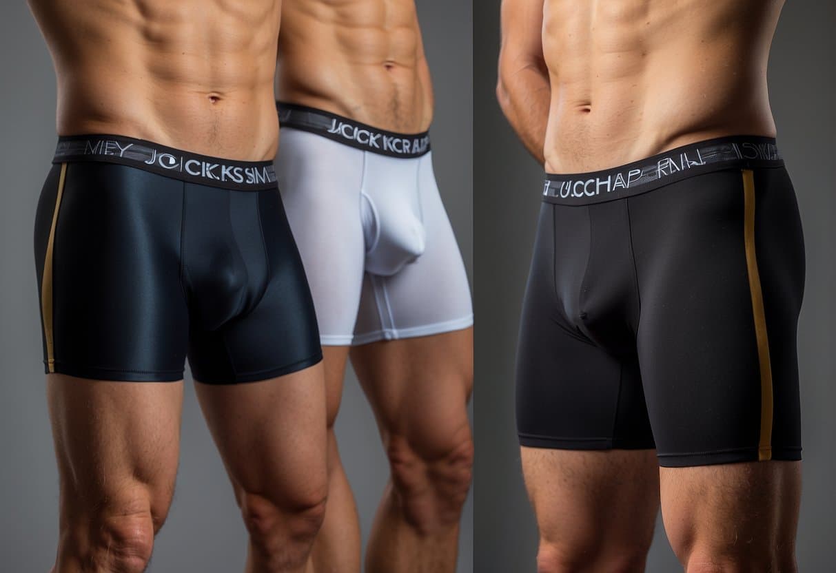 A jockstrap and compression shorts lay side by side, highlighting their differences in design and function