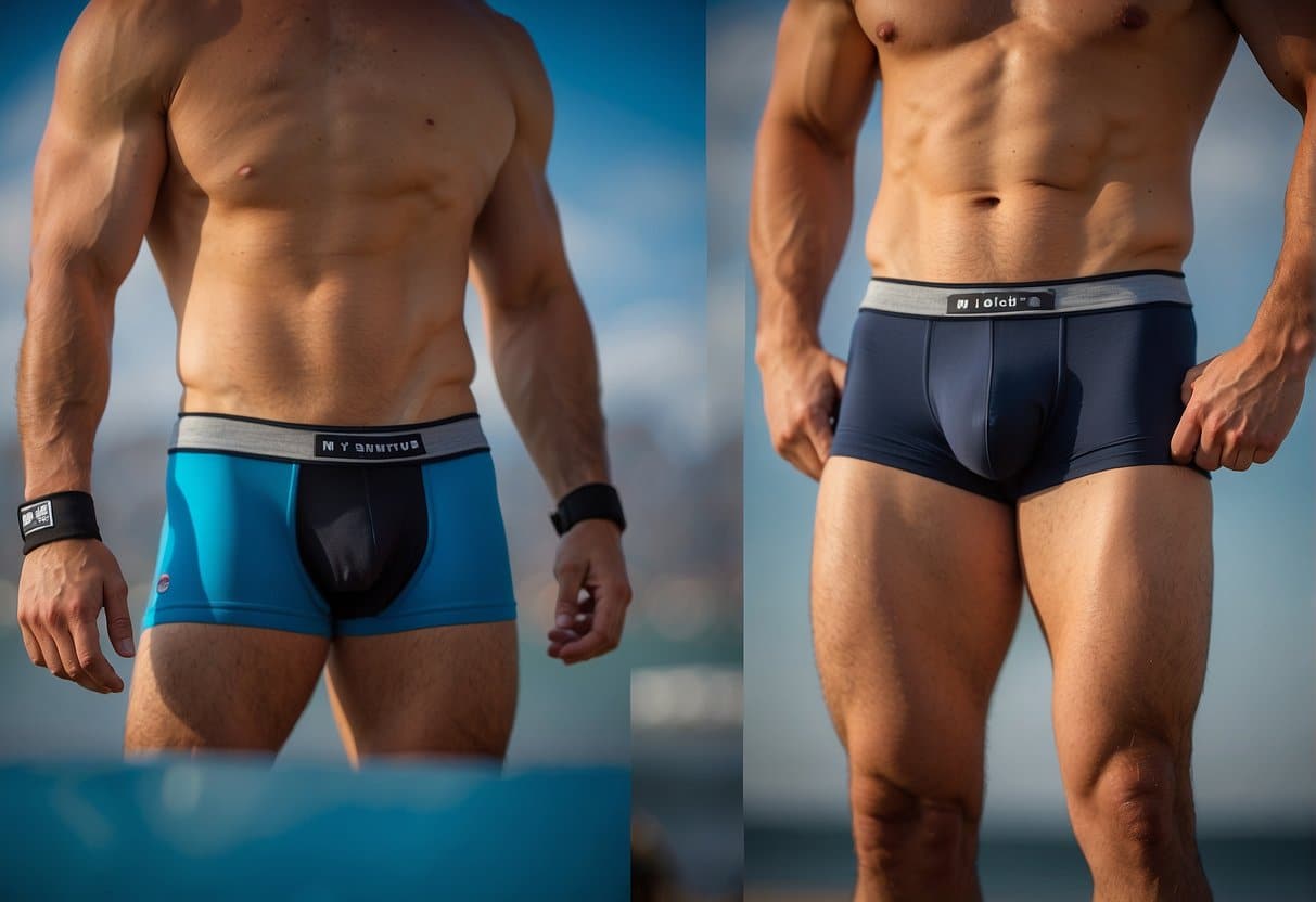 A jock strap and compression shorts lay side by side, showcasing their versatility and accessibility