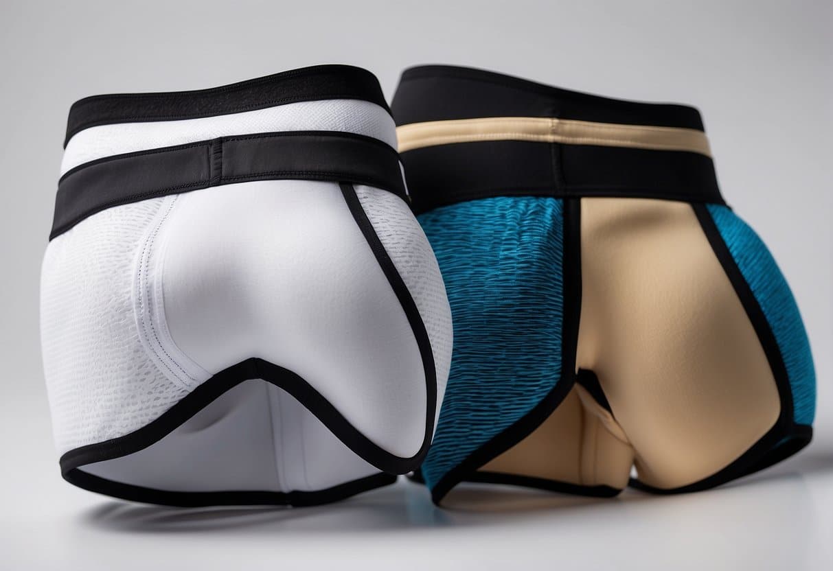 A jock strap and compression shorts lie side by side on a clean, white surface, showcasing their contrasting designs and materials