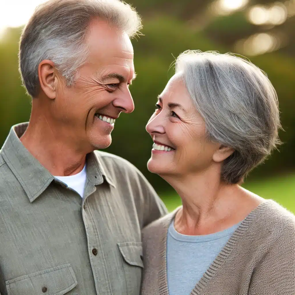 An older couple smiling warmly at each other. They are outdoors in soft, natural light, perhaps in a park setting with greenery in the background. The