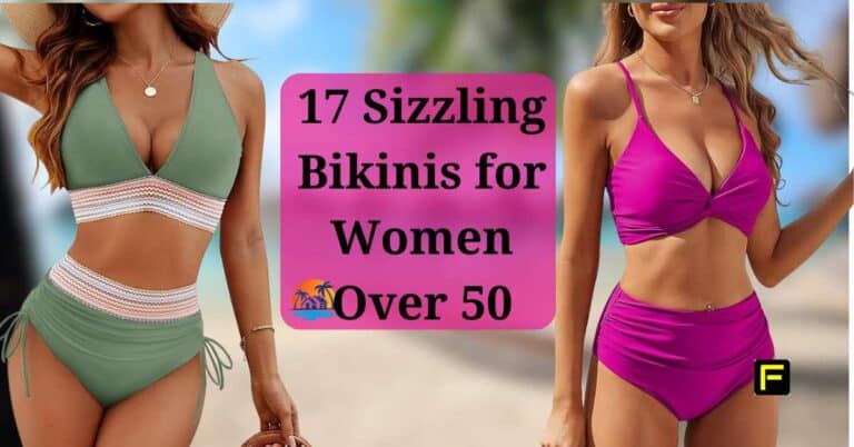 Two women modeling high-waisted bikini sets—one in sage green with crochet-like detailing at the waist, the other in bright magenta—standing on a blurred tropical beach. A pink text box reads “17 Sizzling Bikinis for Women Over 50.”