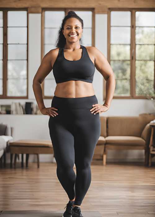 A smiling woman in exercise clothes, standing confidently with her hands on her hips, showcasing her pride and happiness after achieving weight loss through exercise and a healthy diet.