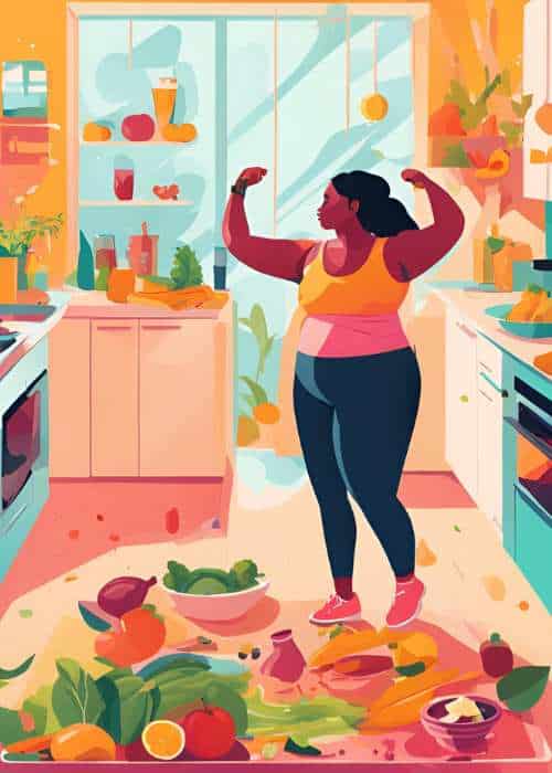 A determined woman engaging in exercise and preparing a healthy meal, symbolizing her commitment to overcoming weight loss challenges through a balanced diet and regular physical activity.