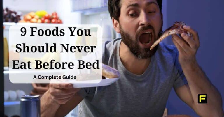 A man with a beard and short hair is sitting in front of an open refrigerator at night, holding a plate of food in one hand and a slice of pizza in the other, about to take a big bite. The text overlay reads, "9 Foods You Should Never Eat Before Bed – A Complete Guide.