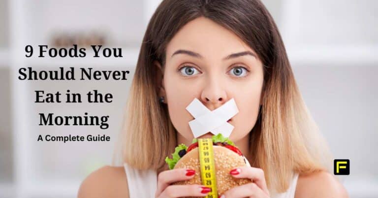 A woman with long brown hair and blue eyes holds a large sandwich with a measuring tape wrapped around it. Her mouth is covered with two crossed pieces of white tape, symbolizing not eating. The text on the left reads, "9 Foods You Should Never Eat in the Morning - A Complete Guide.