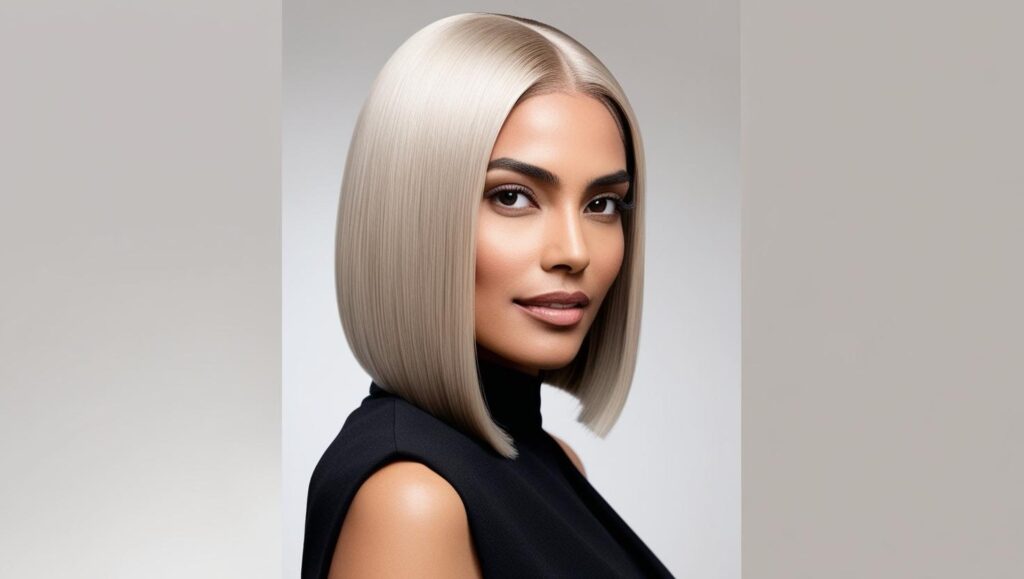 A stylish woman with a blunt lob haircut. The straight, shoulder-length cut gives a sleek, modern appearance. Her platinum blonde hair has a smooth and polished finish.