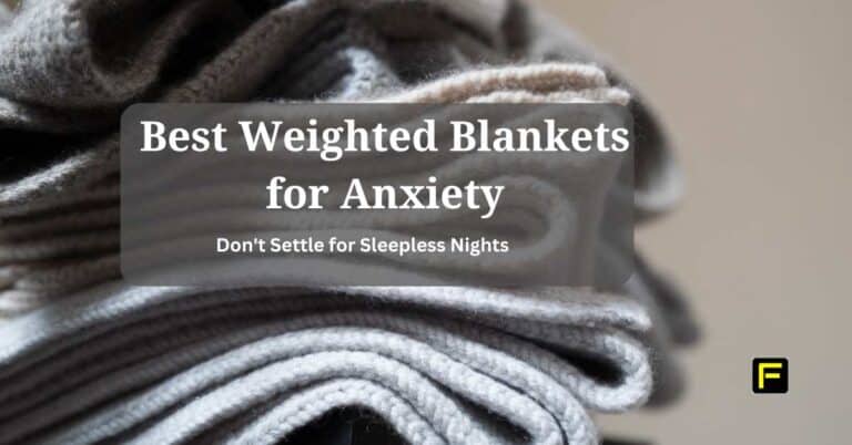 A close-up of neatly folded, soft gray blankets with a text overlay that reads, "Best Weighted Blankets for Anxiety – Don't Settle for Sleepless Nights.