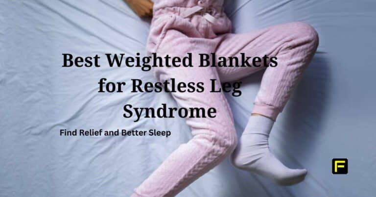 A person wearing pink pajamas and white socks lying on a bed with legs slightly bent, suggesting restlessness. The text overlay reads, "Best Weighted Blankets for Restless Leg Syndrome - Find Relief and Better Sleep.