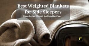 A close-up of a soft, folded blanket with a leather armrest in the background. Text overlay reads, "Best Weighted Blankets for Side Sleepers – Sleep Better Without the Shoulder Pain.