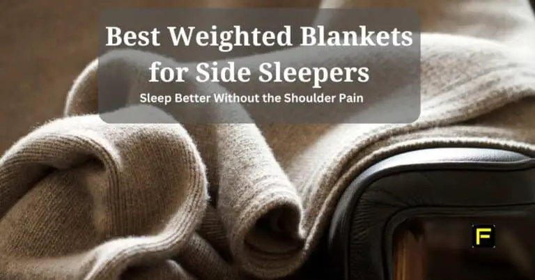 A close-up of a soft, folded blanket with a leather armrest in the background. Text overlay reads, "Best Weighted Blankets for Side Sleepers – Sleep Better Without the Shoulder Pain.