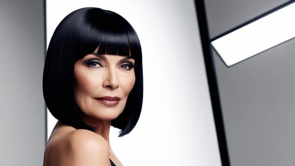 "A trendy woman over 50 with a sleek bob and blunt bangs. Her jet-black hair is ultra-shiny and smooth, giving her a bold, modern appearance."