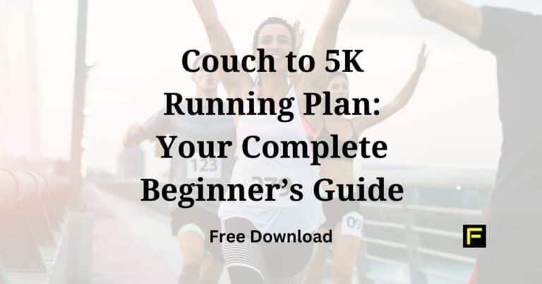 Couch to 5K Running Plan: Your Complete Beginner's Guide - Free Download. Background shows smiling runners crossing a finish line during a race.