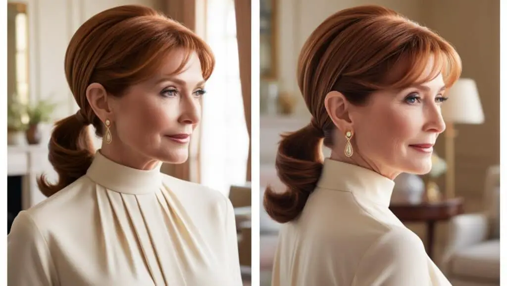 "A chic woman over 50 with a sleek, low ponytail featuring soft layers. Her auburn hair is gathered neatly at the nape of her neck, with face-framing layers adding movement and sophistication. The ponytail is smooth, yet slightly voluminous, creating a refined but effortless style. She is wearing a high-neck blouse with gold earrings, with a softly blurred, elegant indoor background."