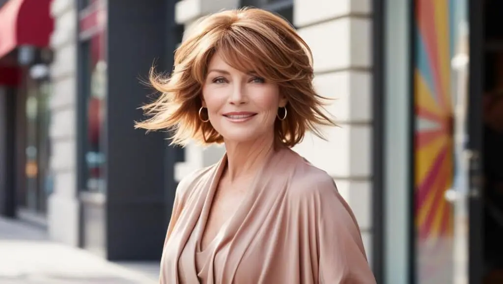 A fashionable woman over 50 with a soft, shoulder-length shag haircut. Her layered, auburn hair has a voluminous and slightly messy look, with natural waves adding movement. She is outdoors, with a relaxed and confident expression, as a light breeze lifts her tousled layers. The setting is urban and trendy, complementing her effortless style.