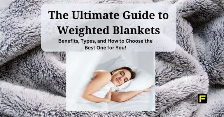 A woman peacefully sleeping under a white blanket, set against a soft, gray, plush fabric background. The text reads "The Ultimate Guide to Weighted Blankets: Benefits, Types, and How to Choose the Best One for You!