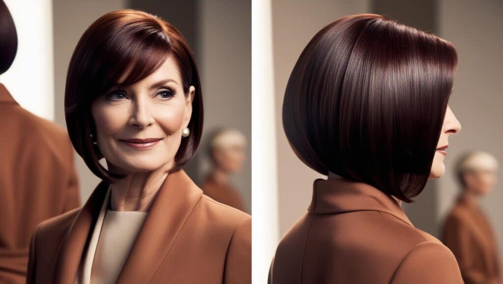 A trendy woman in her late 50s with an asymmetrical bob haircut. One side is slightly longer, framing her face, while the shorter side tucks behind her ear. Her dark auburn hair is smooth and glossy, styled in a side part.