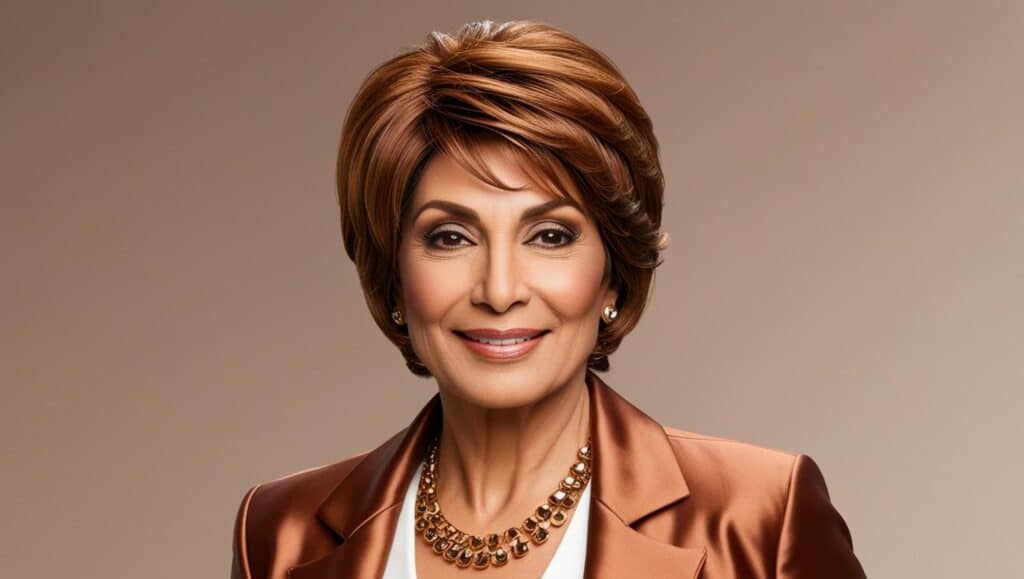 A trendy woman in her late 50s with a bixie haircut, a blend of a pixie and a bob. The hair is layered with volume at the crown and slightly longer strands in the front. Her warm caramel hair has a sleek yet tousled finish.