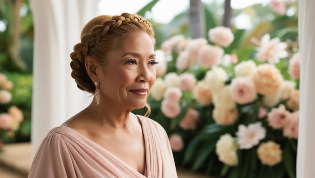 "A graceful woman over 50 with a beautifully styled braided crown. Her golden-brown hair is woven into an intricate yet elegant updo, with a few soft strands left out to frame her face. The braid wraps around her head like a halo, creating a romantic and timeless look. She is wearing a soft, flowing dress, with a serene garden background filled with soft pastel flowers."