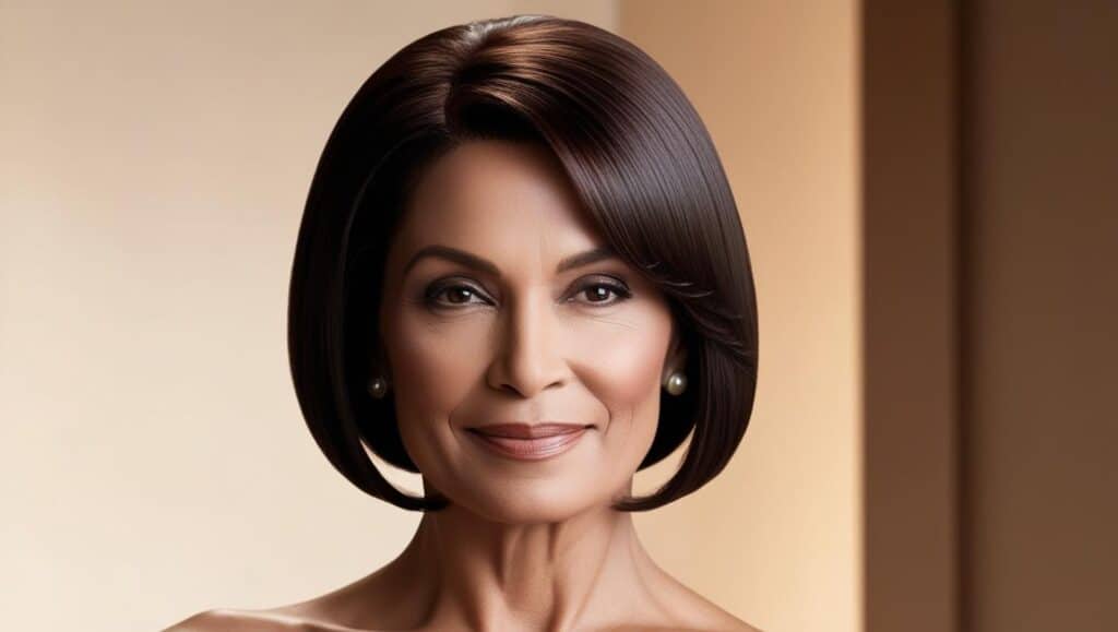 A sophisticated woman in her 50s with a sleek, chin-length bob haircut. Her smooth, dark brown hair with a side part frames her face beautifully. The lighting is soft, enhancing the shine and health of her hair.