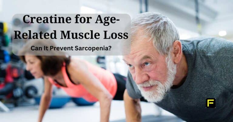 Senior man and woman performing push-ups in a gym, representing strength, fitness, and the benefits of creatine for age-related muscle loss in preventing sarcopenia.