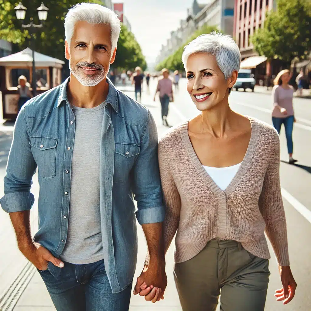 Mature couple walking down a sunny city street, symbolizing active aging and the benefits of creatine for seniors in maintaining strength, energy, and mobility.