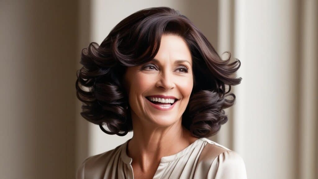 A woman in her 50s with a voluminous, curly lob hairstyle. Her dark brown hair has soft curls that add movement and texture, and she has a joyful, carefree expression.