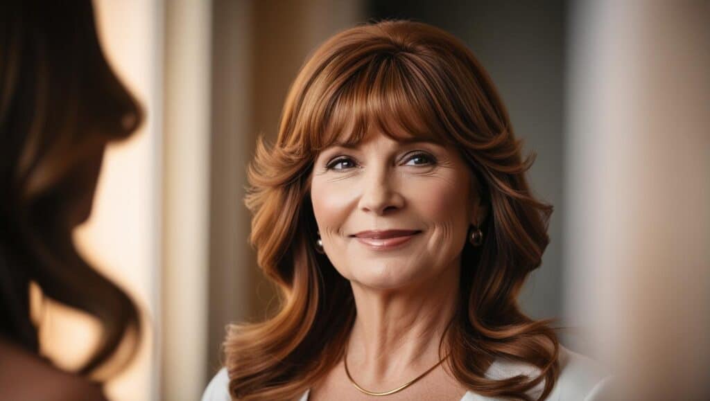 A mature woman with long, wavy hair and curtain bangs. Her warm auburn hair frames her face beautifully, giving a relaxed yet polished look.