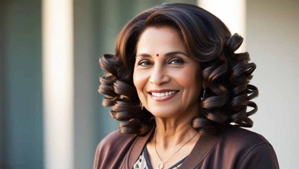 A confident woman over 50 with shoulder-length, well-defined ringlet curls. Her rich dark brown hair has a natural shine, with tight curls framing her face beautifully. The curls are bouncy and voluminous, with a frizz-free, structured look. She has a warm smile and wears a stylish, casual outfit. The background is softly blurred with natural outdoor lighting, creating a vibrant and youthful appearance.