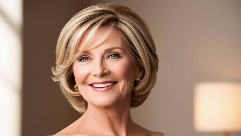 A radiant woman over 50 with a medium-length haircut featuring face-framing layers. Her honey-blonde hair is styled with soft waves that gently hug her face, enhancing her high cheekbones. She has a bright smile, and the soft lighting accentuates the warm, natural tones in her hair. The background is elegant and softly blurred, focusing on her hairstyle and features.