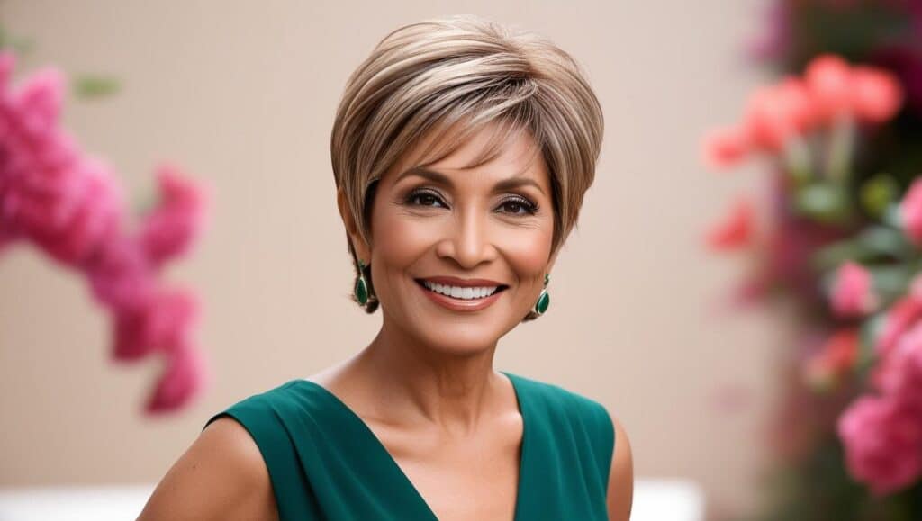 A radiant woman in her 50s with a feathered pixie cut. The short, wispy layers frame her face, giving a youthful and lively look. Her light brown hair has subtle blonde highlights.