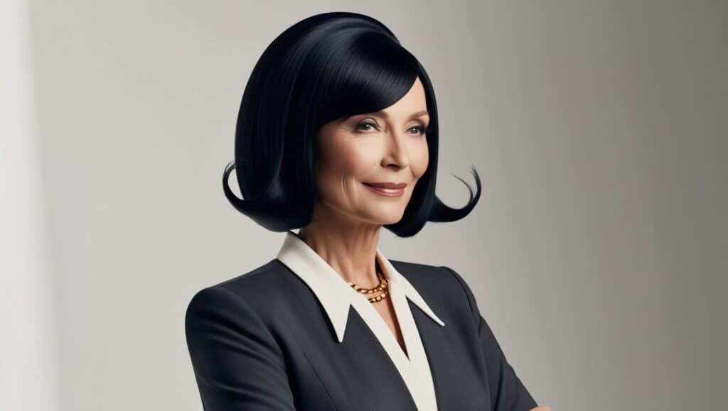 A sophisticated woman in her late 50s with a chic, shoulder-length bob featuring flipped-out ends. Her sleek, jet-black hair curves outward at the tips, adding a playful, retro-inspired touch. She is dressed in a stylish outfit with minimal jewelry, and the soft studio lighting highlights the smoothness and shine of her hair. The background is clean and neutral.