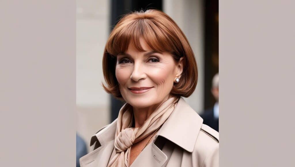 A fashionable woman over 50 with a chic French bob. The haircut is cut just above the chin, with soft bangs and slightly wavy texture. She has warm chestnut hair and is wearing a minimal makeup look with a Parisian-style outfit.