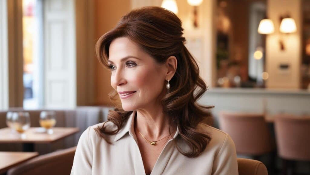 "A stylish woman over 50 with a half-up, half-down hairstyle. Her chestnut brown hair is loosely pulled back, with soft waves flowing freely over her shoulders. The top section is twisted or pinned, adding height and elegance, while the rest cascades in natural waves. She is wearing a casual, yet sophisticated outfit, standing in a softly blurred café or urban background."