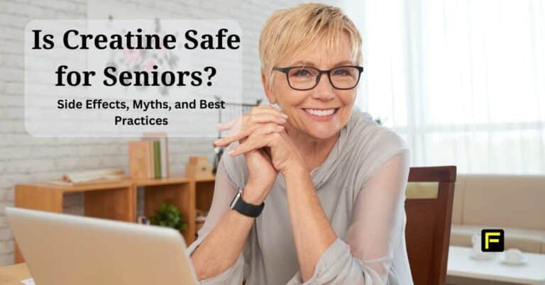 Smiling senior woman sitting at a desk, looking confident and healthy, representing the benefits and safety of creatine for seniors in maintaining energy, strength, and overall well-being. Cover photo for article, Is Creatine Safe for Seniors.