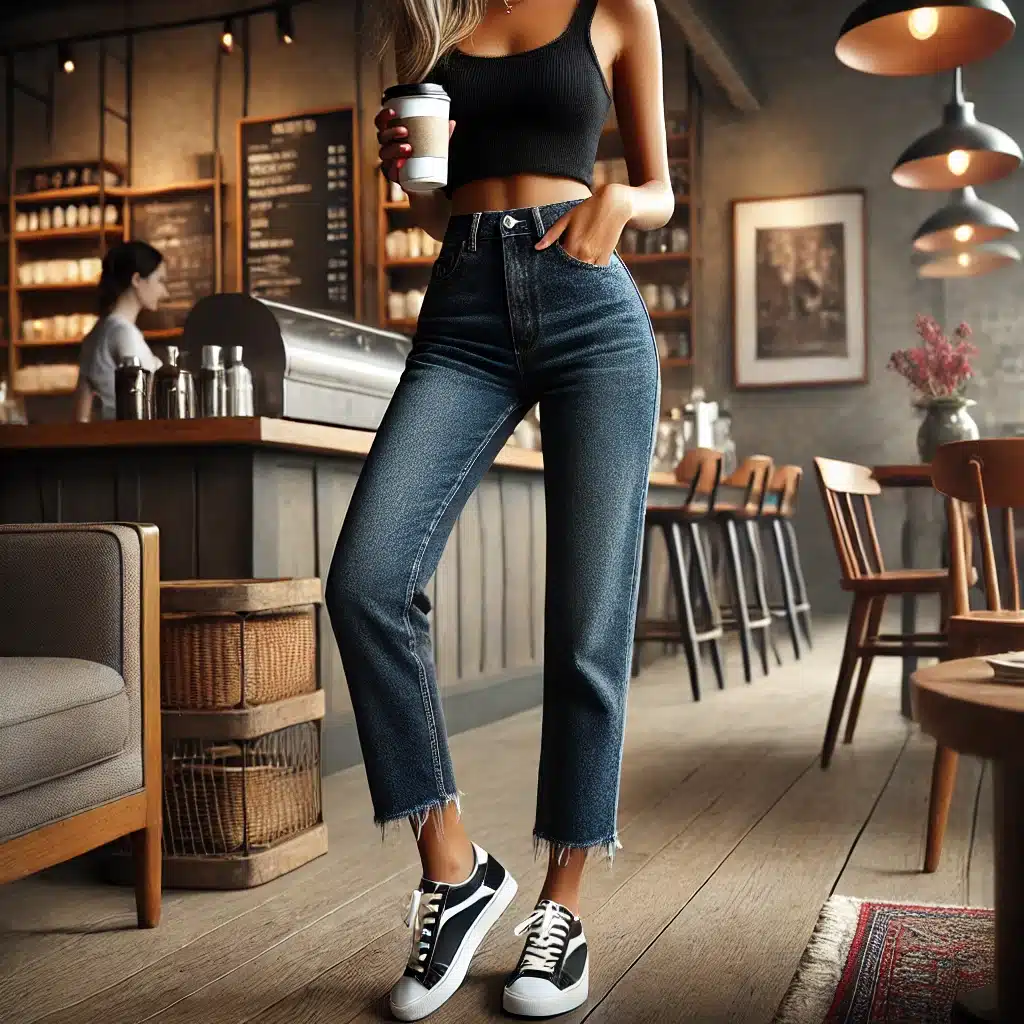 A woman wearing high-rise straight-leg jeans with a raw hem, styled with a black crop top and sneakers, standing in a stylish café. These butt-lifting jeans enhance curves and create a flattering silhouette for a flat bum, making them a top choice for those looking for the best jeans to minimize pancake butt.