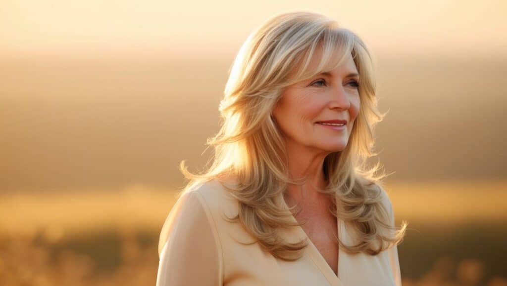 A woman over 50 with long, cascading layers. Her honey-blonde hair flows beautifully, with soft highlights and natural waves. The image has a dreamy, golden-hour background.