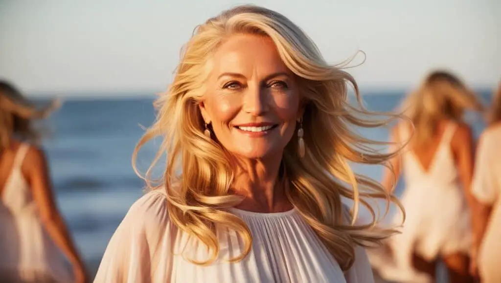 A radiant woman over 50 with long, soft, loose waves cascading down her shoulders. Her golden blonde hair features warm, sun-kissed highlights that add dimension and depth. The waves are effortlessly tousled, creating a beachy, natural look. She is wearing a light, flowy outfit, and the background has soft golden-hour lighting, enhancing the glow of her hair.