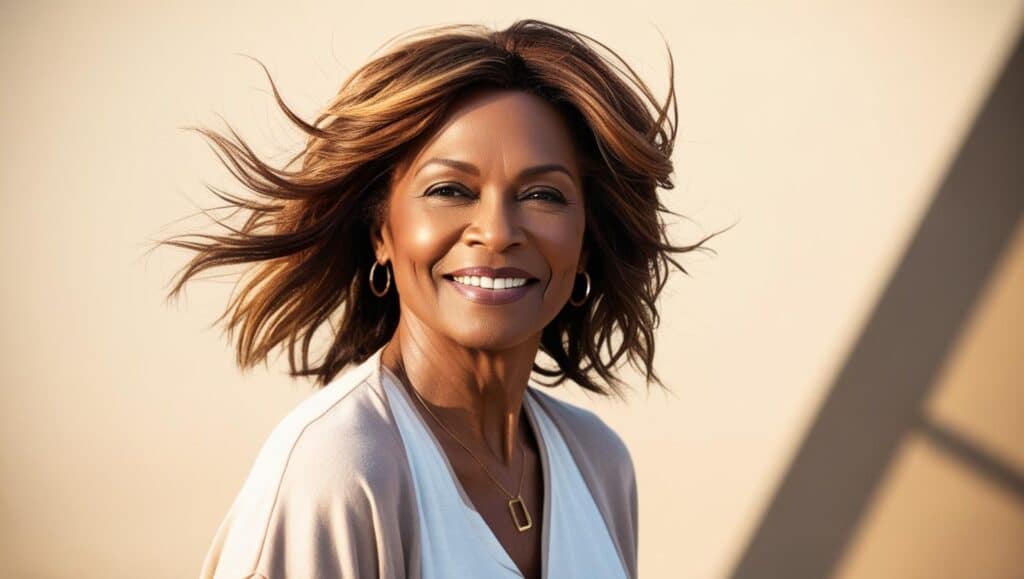 A confident woman over 50 with shoulder-length, tousled messy waves. Her chestnut brown hair with caramel highlights has an effortless, beachy texture. She is wearing a casual, trendy outfit, and the wind gently lifts her hair. The soft, golden sunlight creates a warm and carefree atmosphere, enhancing her youthful energy.