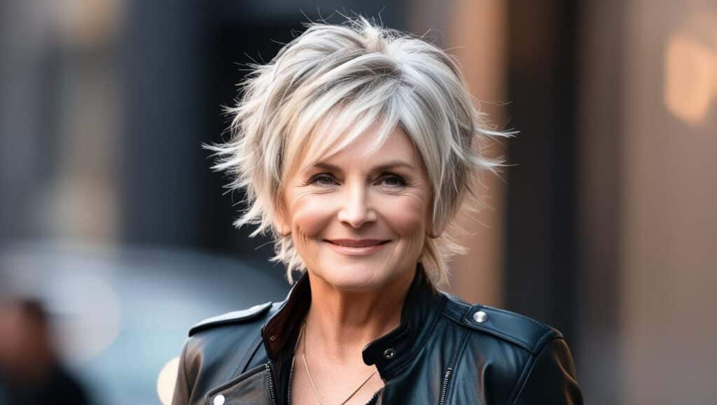 A woman over 50 with a messy, short shag haircut. The choppy layers create a carefree, youthful effect, and her platinum blonde hair adds brightness. She is wearing a trendy leather jacket.