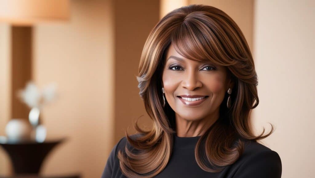 "A stylish woman over 50 with long, flowing hair featuring soft, side-swept bangs. Her chestnut brown hair has subtle caramel highlights that add warmth and dimension. The bangs gracefully frame one side of her face, blending seamlessly into the rest of her voluminous, smooth waves. She has a confident, radiant smile, and the soft lighting enhances the shine of her hair. The background is a softly blurred indoor setting, creating a warm and sophisticated look."