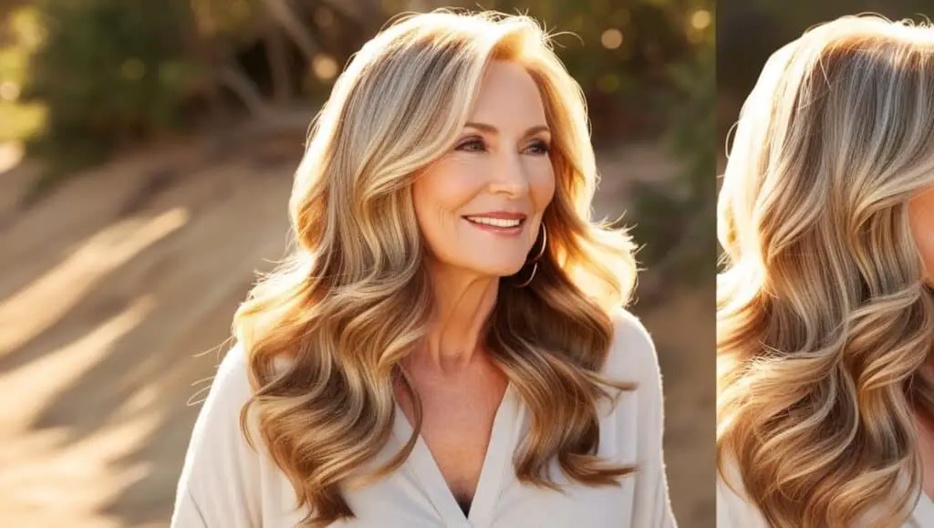 "A radiant woman over 50 with long, soft waves cascading down her back. Her warm caramel-blonde hair has subtle, blended highlights that add dimension and movement. The waves are loose and natural, creating an effortless, relaxed look. She is dressed in a casual, chic outfit, with golden sunlight enhancing the glow of her hair in a natural outdoor setting."