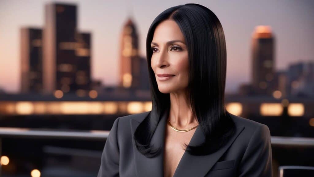 "A sophisticated woman in her 50s with long, straight, and sleek hair that reaches past her shoulders. Her jet-black hair is ultra-smooth, with a high-shine finish, parted in the center for a timeless and elegant look. She is wearing a sleek blazer and minimal jewelry, with a modern cityscape in the softly blurred background."