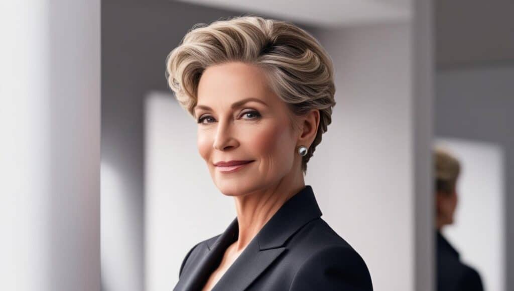 A confident, stylish woman over 50 with a tapered haircut. The back and sides are closely cut, while the top has soft, voluminous curls. Her hair is naturally salt-and-pepper, adding to her mature elegance.