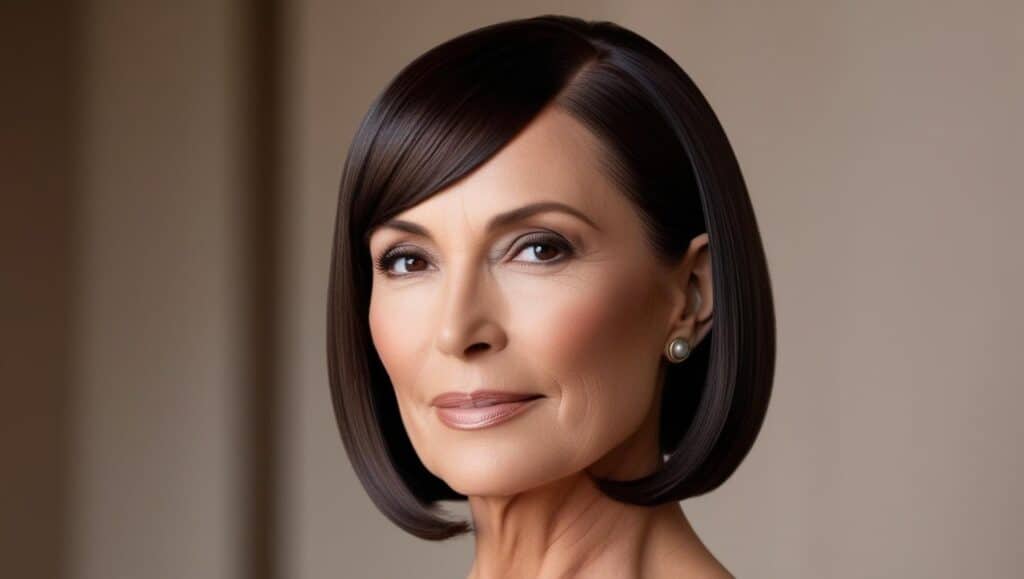 A chic woman over 50 with a tousled, textured crop haircut. The short layers add dimension, and her dark brown hair has subtle highlights. The setting is a well-lit modern salon, with a focus on her lively and voluminous hair.